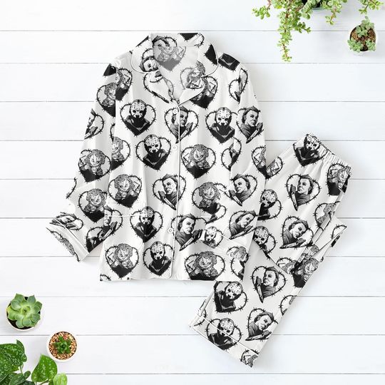 Discover Halloween Horror Slasher Pajamas Set, Jason Voorhees Chucky Michael Myers PJs, Spooky Season Pahamas For Women, Scary Halloween Outfit