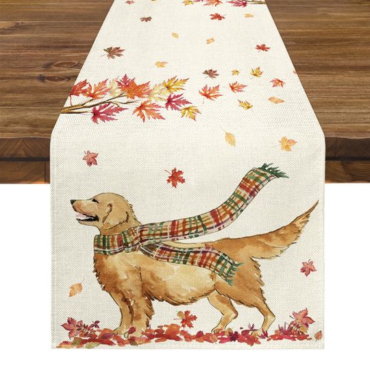 Discover Fall Dog With Leaves Table Runner, Golden Retriever Table Decor, Fall Table Runner, Farmhouse Table Runner, Holiday Decor
