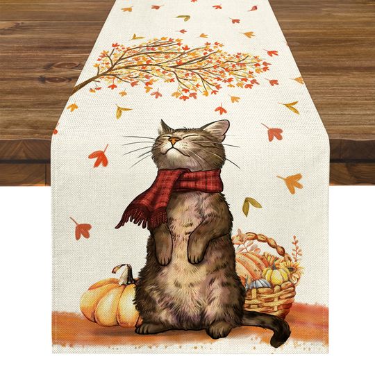 Fall Cat With Leaves Table Runner, Holiday Decor, Pumpkin Table Runner, Seasonal Table Runner, Farmhouse Table Runner