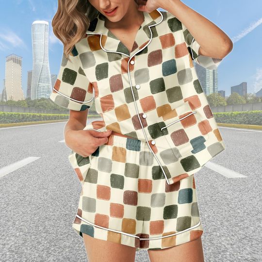 Discover Pastel Square Short Satin Pajamas Set, Cute Sleepwear For Women, Aesthetic Satin Lounge Set, Vintage Pajama Outfit, Gift For Her