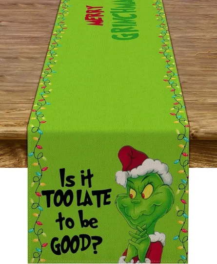 Discover funny character Christmas Table Runner Tablecover Green Monster Christmas Decor