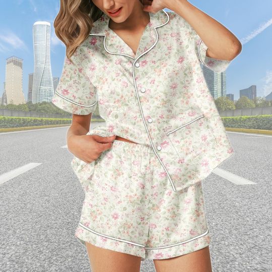 Discover Pastel Floral Short Satin Pajamas Set, Cute Flower Sleepwear For Women, Elegant Satin Lounge Set, Aesthetic Pajama Outfit, Gift For Her