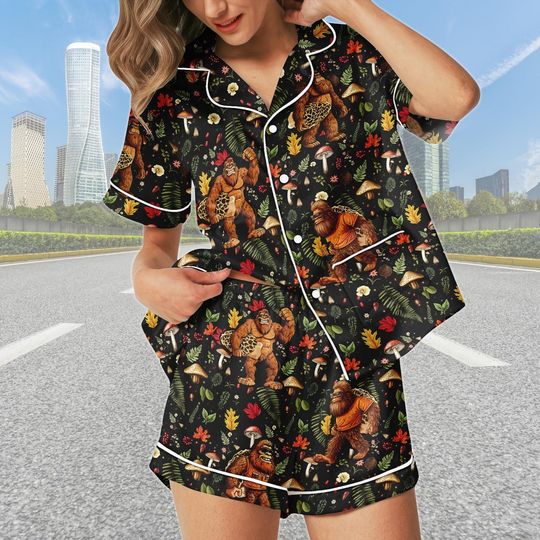 Bigfoot Satin Pajamas Set, Funny Sasquatch Pajama Set For Women, Funny Bigfoot Animal Pajamas