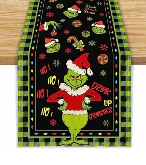 Discover funny character Christmas Themed Table Runner Grin Tablecloth 13x72 Linen Green NEW