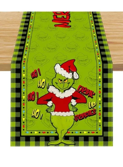 Linen Green Christmas Table Runner Merry Christmas Funny Character Drink Up