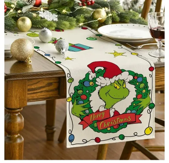 Discover The funny character Stole Christmas Burlap Table Runner 12" X 72" White Green Holiday New