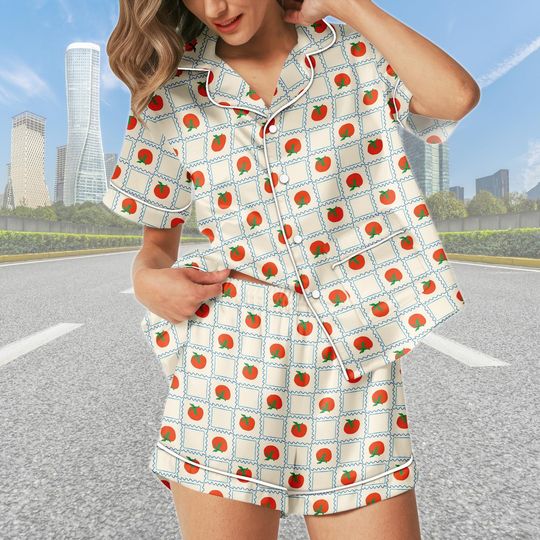 Discover Tomato Short Satin Pajamas, Cute Fruit Short Sleeve Pajama Set, Tomato Love Matching Pajamas Set, Fruit Pajamas Women