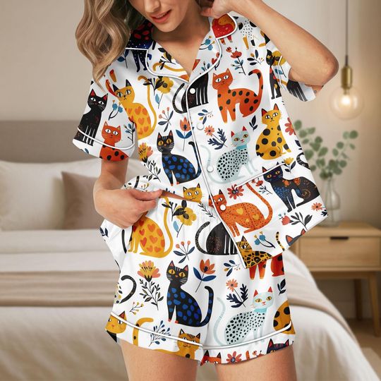 Discover Cat Floral Short Satin Pajamas, Cat Summer Short Sleeve Pajamas, Pet Love Bridal Party Pajamas, Cat Hawaii Silk Pajamas, Pajamas Set
