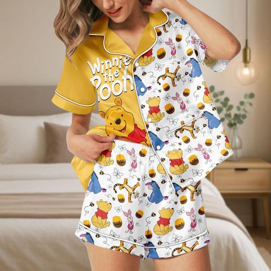 Discover Disney Pooh Short Satin Pajamas, Winnie The Pooh Bridal Party Pajamas, Pooh Matching Pajamas, Disneyland Trip Silk Pajamas For Women
