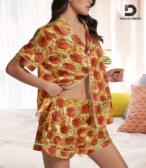 Discover Pepperoni Pizza Short Satin Pajamas, Pizza Lover Pajamas Set Women, Funny Pizza Bridesmaid Pajamas, I Love Pizza Short Sleeve Pajamas