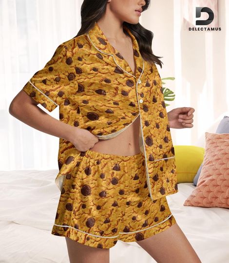 Discover Chocolate Chip Cookie Short Satin Pajamas, Cookie Theme Bridal Party Pajamas, Cookie Lover Matching Pajamas, Cookie Bakery Pajama Women