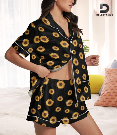 Discover Sunflower Satin Pajamas Set, Sunflower Bouquet Pajamas Women, Wildflower Pajamas, Sunflower Matching Pajamas
