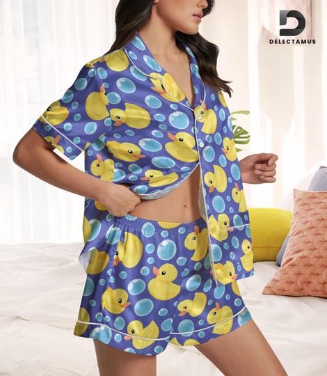 Discover Rubber Duck Satin Pajamas Set, Rubber Duck Bride Pajamas, Rubber Ducky Short Sleeve Pajamas, Duck Lover Matching Pajamas