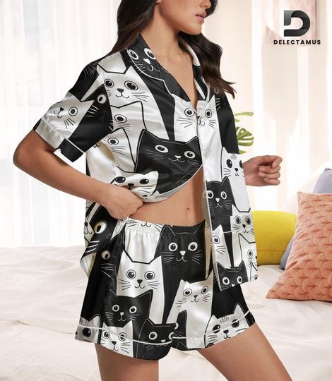 Discover Cute Cat Satin Pajamas Set, Cat Lover Short Sleeve Pajamas, Pet Love Pajamas Shorts, Kitty Cat Bridal Party Pajamas, Matching Pajamas