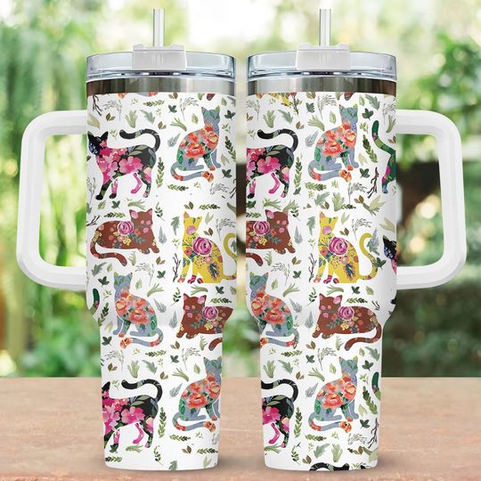 Discover Cat Floral 40oz Tumbler, Cat Summer Autumn Steel Tumbler, Pet Love Tumbler For Her, Cat Nature Flower Stainless Tumbler, Animal Tumbler