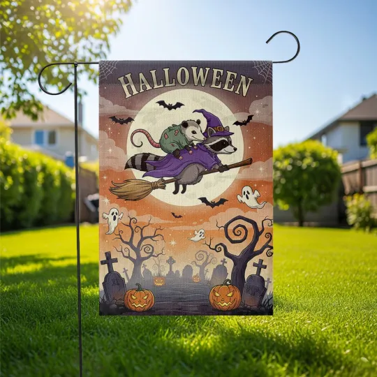 Discover Halloween Raccoon & Opossum Flying Witch Garden Flag Outdoor Yard Decor