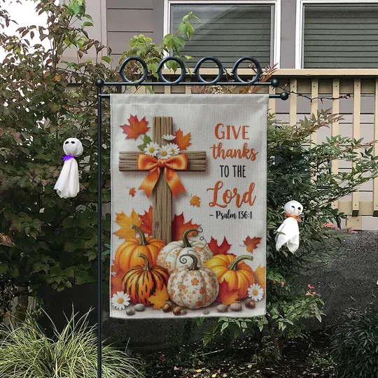 Discover Christian Cross Pumpkin Fall Garden Flag | Give Thanks Lord Thanksgiving Decor