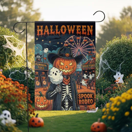 Halloween Skeleton Cowboy Garden Flag with Pumpkin Head for Yard Decor