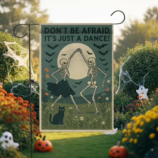 Discover Vintage Dancing Skeletons Halloween Garden Flag with Spooky Black Cat Design