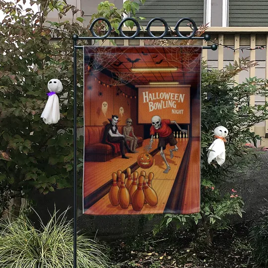 Discover Halloween Skeleton & Monster Garden Flag, Bowling Night Yard Decor