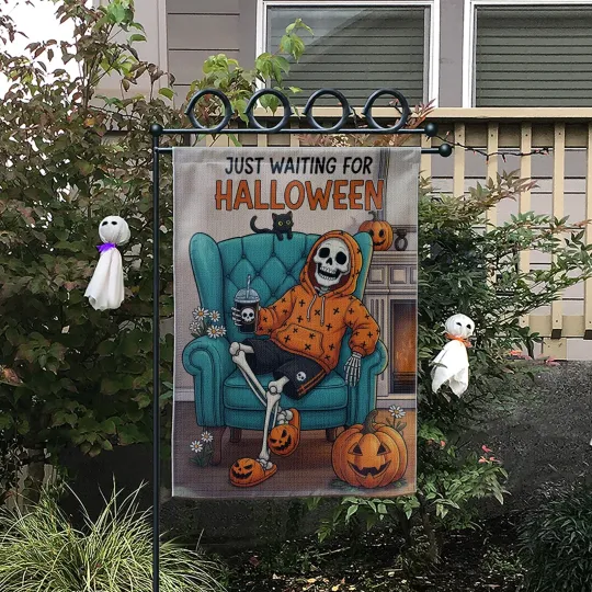 Discover Funny Skeleton Waiting for Halloween Garden Flag Pumpkin Cat Outdoor Yard Decor
