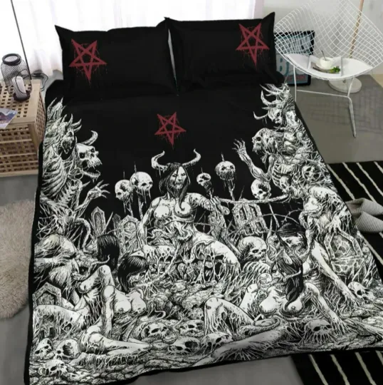 Discover Skull Satanic Pentagram Demon Nymphomania And Loving It Quilt 3 Bedding Set ,