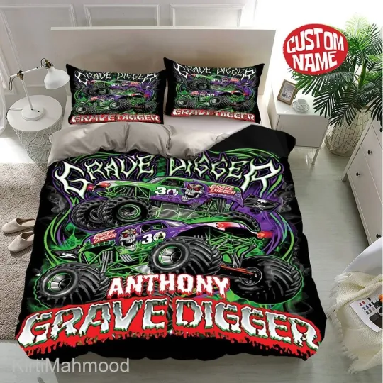 Discover Monster Truck Personalized Bedding Set, Monster Jam Custom Name , Size Twin