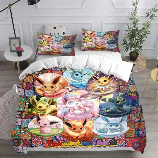 PKM Eevee Evolution Bedding Set Quilt Blanket Kids Bedroom Decor Anime Fan Outfit