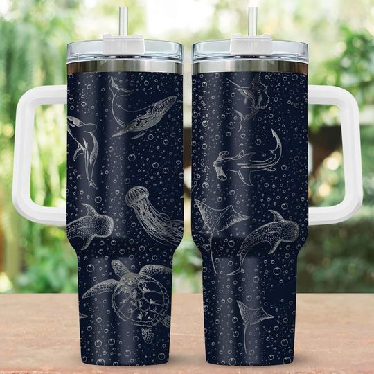 Sea Animal Ocean Engraved Tumbler, Ocean Lover 40oz Tumbler, Deep Sea Shark Stainless Steel Tumbler, Beach Drinkware Tumbler For Fan