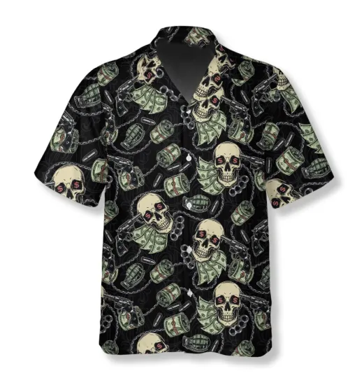 Discover Gun, Grenade and Gangster Skull Gun Shirts for Men Gun Hawaiian Shirt Size S-5XL