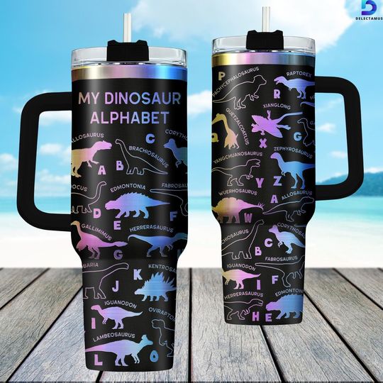 Discover Dinosaur Alphabet Engraved Tumbler, Dinosaur Lover 40oz Tumbler, Paleontology Steel Tumbler Cup, T Rex Skeleton Drinkware Tumbler