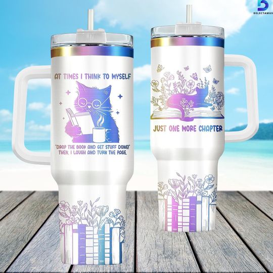 Discover Funny Cat Reading Engraved Tumbler, Pet Reading Book 40oz Tumbler, Just One More Chapter Tumbler, Pet Floral Drinkware Tumbler