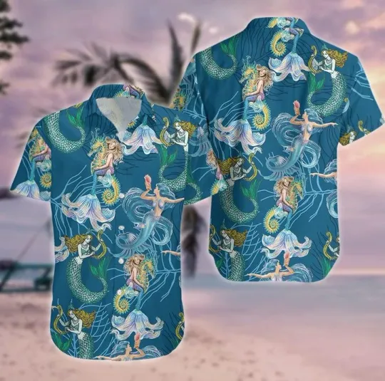 Lovely Mermaid Sea Horse Coral Reef Hawaiian Shirt | For Men &Women