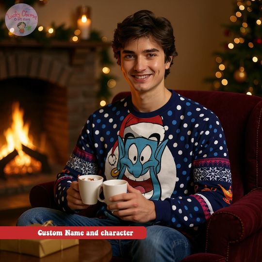 Custom Name Disney The Genie Family Xmas Sweatshirt 2025, Personalized Disney Aladdin Ugly Christmas Sweater, Disney Christmas Gift For Kids