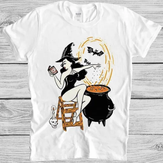 Halloween Pinup Witch Girl T-Shirt Funny Horror Meme Movie Music Gift