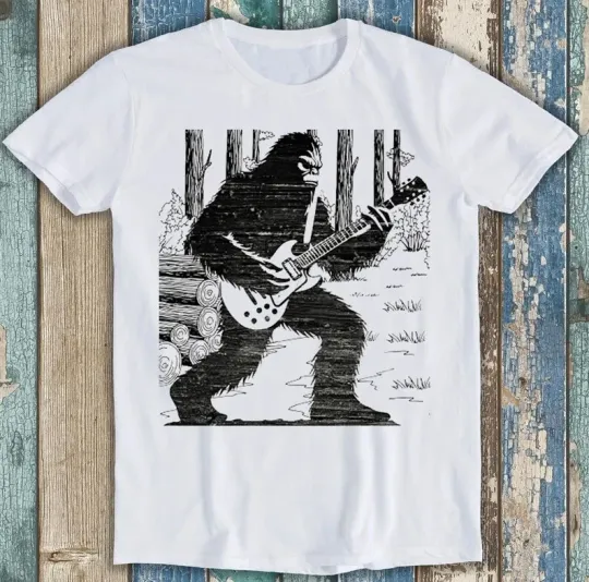 Discover Sasquatch Bigfoot Playing Electric Guitar T-Shirt, Funny Music Gift Tee