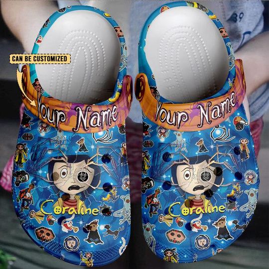 Discover Personalized Scary Doll Halloween Clogs Shoes, Horror Doll Cartoon Movie Shoes, Coraline Blue Slipper, Funny Slippers.