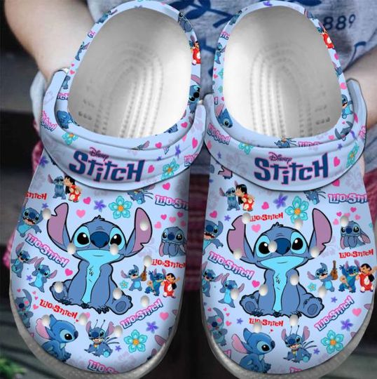 Discover Personalized Stitch Cartoon Floral Blue Clogs Shoes, Cute Stitch Christmas Shoes, Cartoon Christmas Slipper, Funny Slippers.