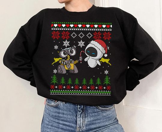 Disney Pixar Wall-E and Eve Ugly Christmas Sweater T-Shirt, Santa Robot Christmas Shirt, Disneyland Christmas Vacation Family Matching Shirt