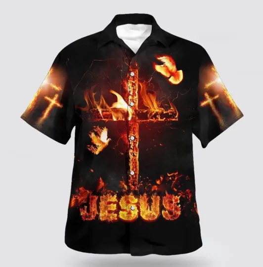 Discover Jesus Burning Fire Cross Hawaiian Shirts For Men And Women Size S-5XL
