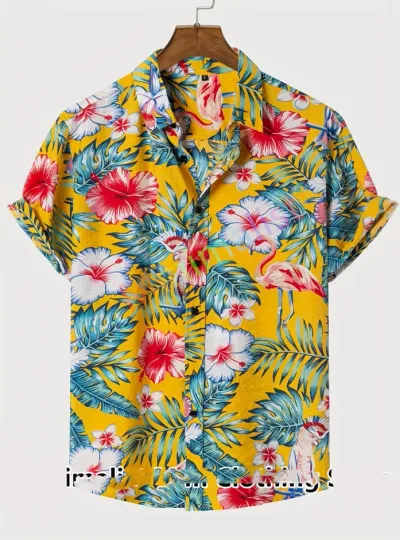 Discover 2025 Leaf and Flamingo Print Shirt For Men Hawaiian Shirt Size S-5XL