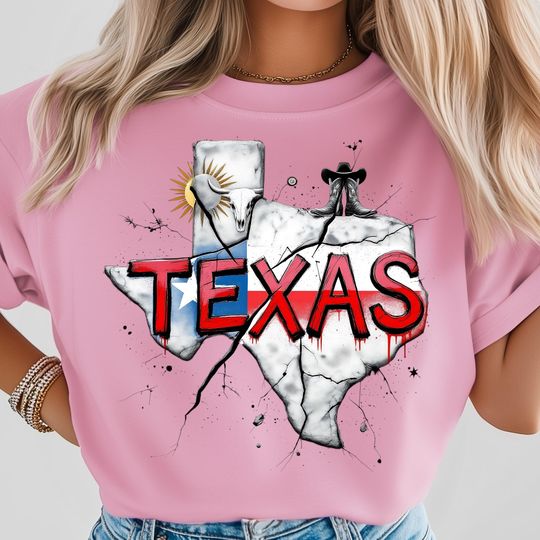 Discover Texas Map T-Shirt, Red Western Texas Art, Cracked Marble Rodeo Design