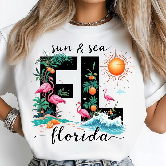 Discover Florida State PNG, Flamingo Coastal Beach Scene, Sun and Sea Tropical Poster, Ocean Waves Art, Summer Vibe Print, USA State Shirt Design