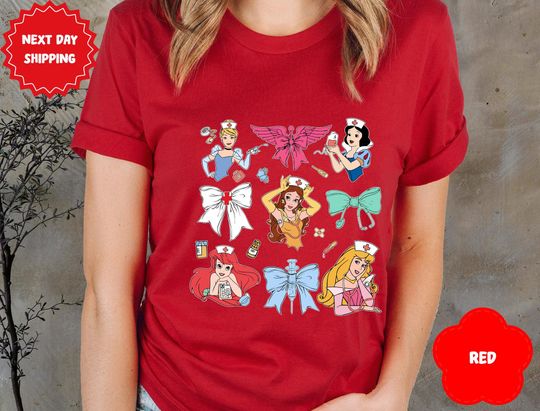 Discover Coquette Bows Disney Princess Nurse Shirt | Ariel Belle Elsa Aurora Happy Nurse'S Day 2025 Tshirt | Nursing School Gift | Birthday Girl Trip