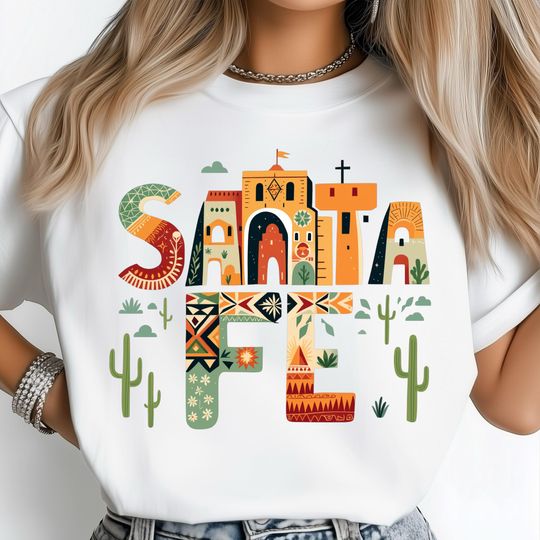 Discover Santa Fe Png, Desert City Art, Southwestern Lettering Print, Colorful Travel Poster, Cactus Illustration Design, Sublimation Designs