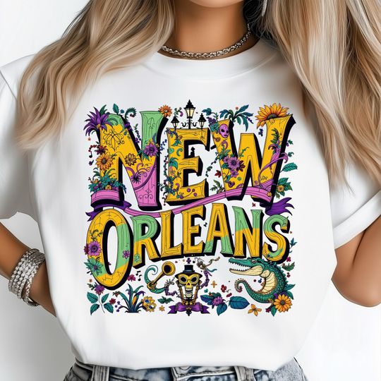 Discover New Orleans Png, Mardi Gras png, Jazz Art Png, Festival Decor Png, Colorful Design Png, Alligator Art Png, Carnival Art Png, city name png