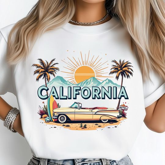 California State T-Shirt, Sunset Beach Clipart, Surfboard & Palm Tree T-Shirt