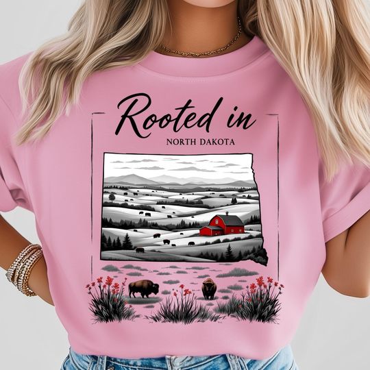 Discover Rooted in North Dakota PNG, Scenic Bison Farm with Red Barn and Rolling Hills, Vintage State Poster, North Dakota Shirt, USA Nature Art