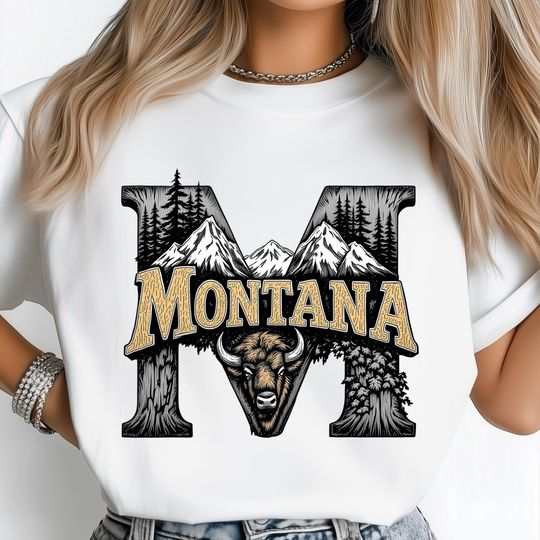 Montana State T-Shirt, Mountain Bison Western Shirt Design, Nature Art Printable