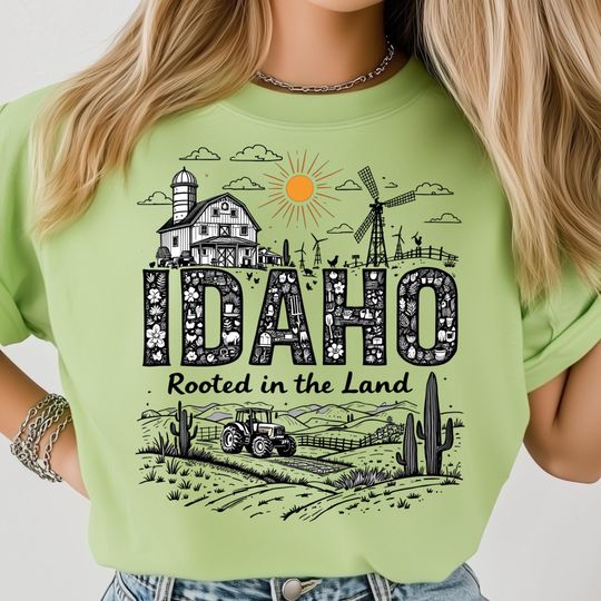 Discover Idaho State Farm T-Shirt, Rural Barn Scene T-Shirt, Floral Block Letters, Tractor Path